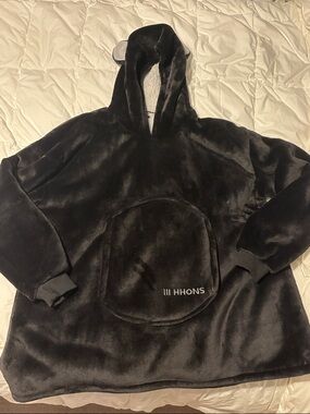 Black Plush Hoodie with Front Pocket and playful ears on hood